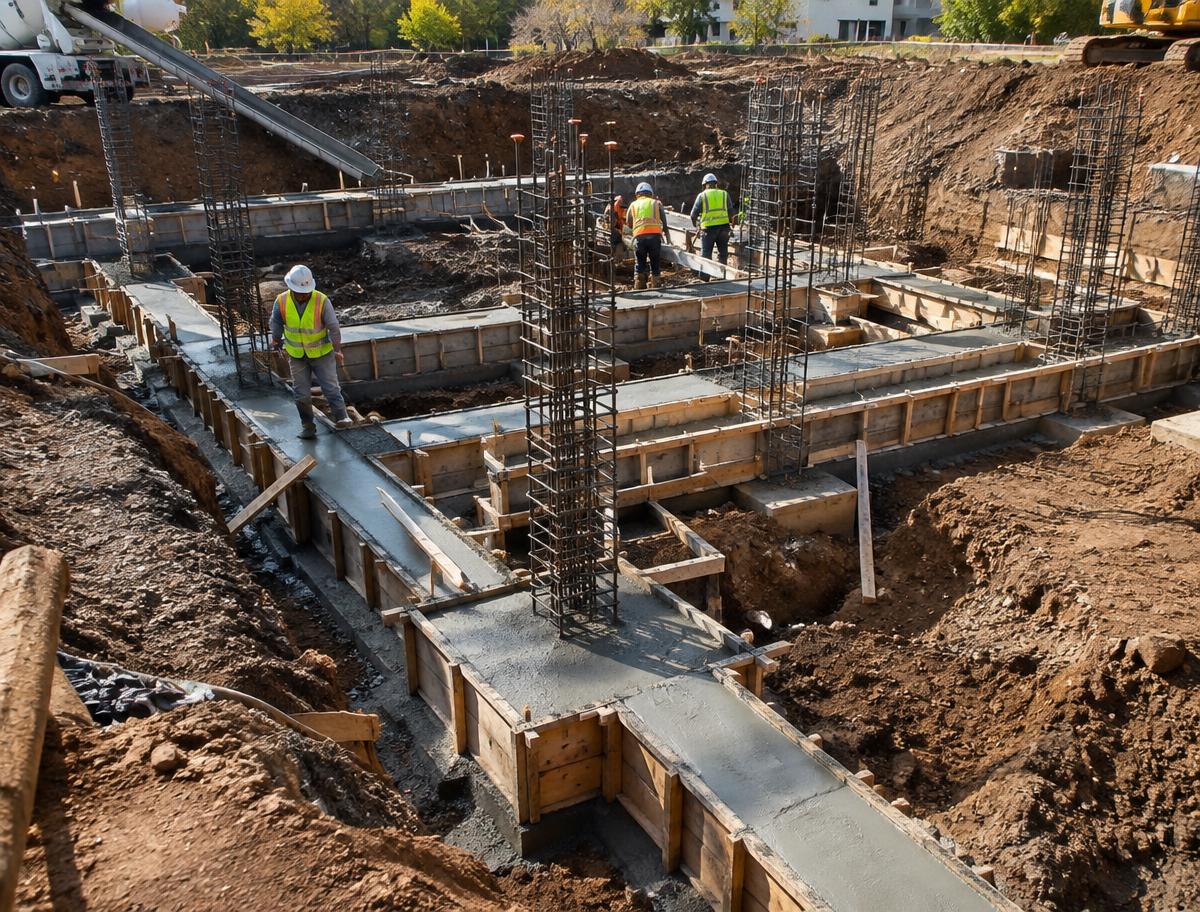 Commercial building foundation footings and grade beams being poured